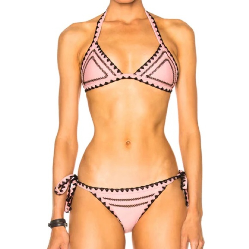 SAME Swim Catch Pink Triangle Bikini with Black Trim And Tie Side Bottoms